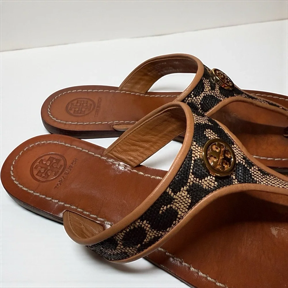 TORY BURCH Cameron Black Leopard Print Gold Logo Sandals Women's Size 9